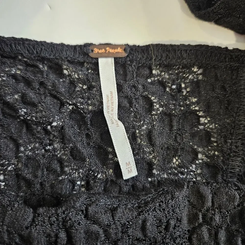 FREE PEOPLE Spring Fling Floral Knit Top Black NWT NEW Medium Crop Puff Sleeves